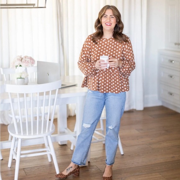 Jillian Harris x Joe Fresh Mindy Top in polka dot brown size large - Picture 2 of 4